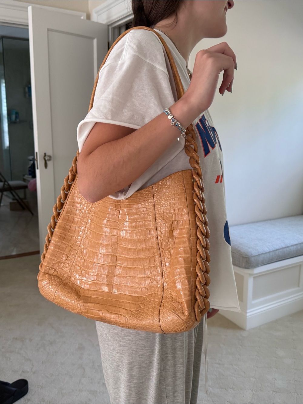 Nancy Gonzalez Croc-Embossed Caramel Shoulder Bag with Braided Strap